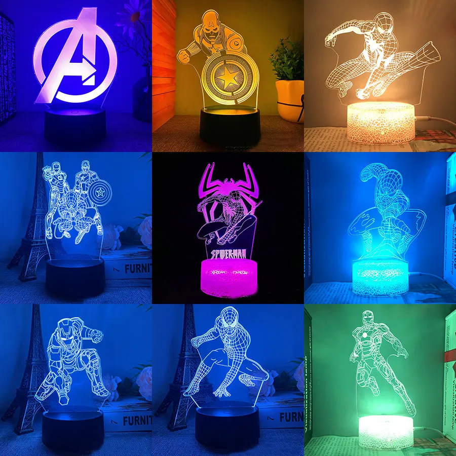 Marvel Spider Man Anime Figures Night Light Manga Iron Man Acrylic Lamp For - £16.95 GBP+
