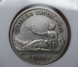 Spain 1869 Provisional Government Una 1 Peseta Silver Coin - $24.99