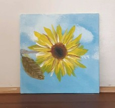 Original Artwork Sunflower Acrylic Painting On Panel 6x6 Yellow Orange Blue - £6.19 GBP