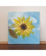 Original Artwork Sunflower Acrylic Painting On Panel 6x6 Yellow Orange Blue - £6.14 GBP