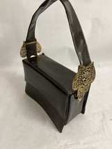 Vintage Unbranded Dark Brown Patent Shoulder Bag Purse w Ornate Gold Tones - $24.74