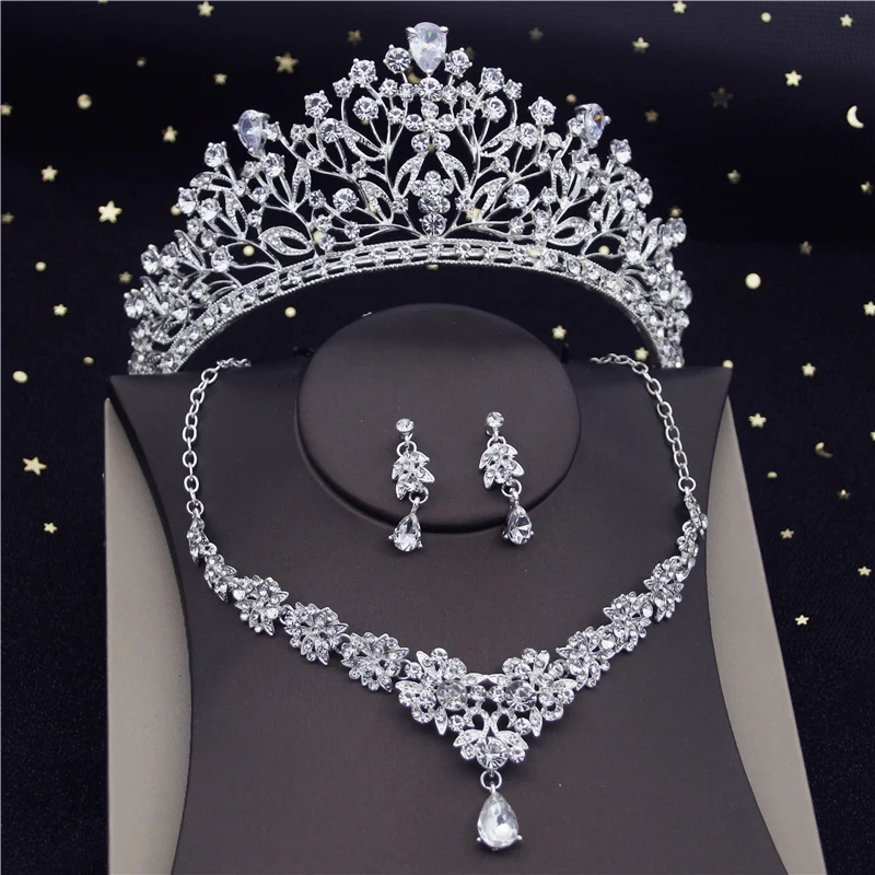 Luxury Clear Crystal Tiaras Bridal Jewelry Sets Fashion Crown Earrings Choker Ne - £24.64 GBP