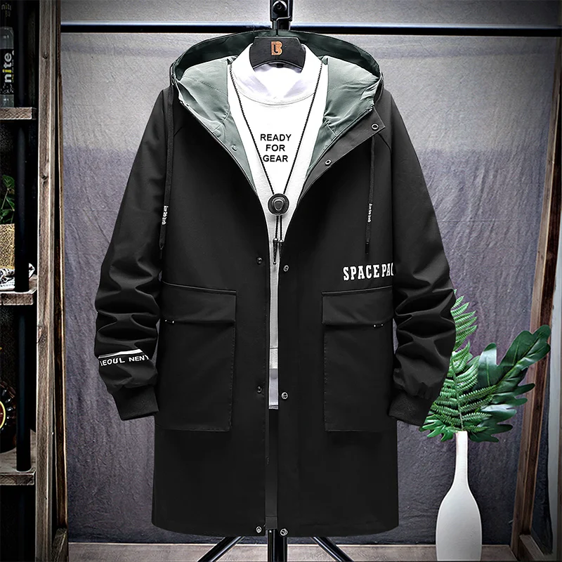 Large Trench Coats Men Hooded Long Black Windbreakers Spring Autumn Trenchcoat  - £471.83 GBP