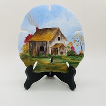 Sand Dollar Hand Painted Rural Barn Scene Fall Leaves Artist Signed Wood Stand - £19.38 GBP