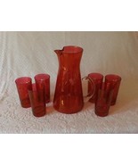 Glass Pitcher and Tumblers Set Vintage Cranberry Acid Etched Glassware - $44.99