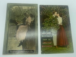 Lot Of Two Vintage Postcards Romance Love Kissing Theme Valentine Couple - £3.92 GBP