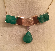 New Estate 44.5+Ct Zambian Emerald, morganite &amp; diamond 14k gold &amp; SS necklace - £6,186.04 GBP