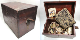antique victorian PRIMITIVE wood BOX w SEWING pin cushion american leath... - $89.05