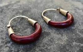 Artisan Crafted Sterling Silver and Wood Small Hoops Huggies Jewelry Ear... - $27.97