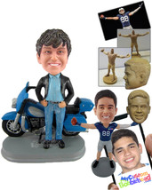 Personalized Bobblehead Pal Wearing Jacket And Jeans Standing With His Bike - Mo - £76.33 GBP