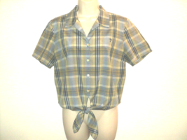 Tommy Bahama Top Women&#39;s Sz 12 Plaid 55% Silk Short Sleeve Green &amp; Navy Shirt - £23.23 GBP