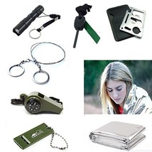 Camping Survival Whistle Blanket Fire Starter Wire Saw Knife Flashlight Torch - £12.46 GBP