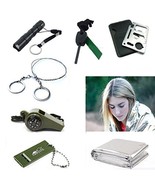 Camping Survival Whistle Blanket Fire Starter Wire Saw Knife Flashlight ... - £12.65 GBP