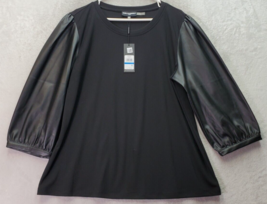 Karl Lagerfeld Blouse Top Women&#39;s XL Black Faux Leather Long Sleeve Roun... - $37.08