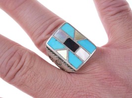 Vintage Native American silver turquoise, jet, and mother of pearl ring - £142.08 GBP
