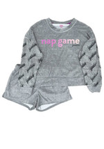 Justice Girls Gray Nap Game Pajamas Lounge Sleep Set Shirt &amp; Shorts Size Large L - £11.19 GBP