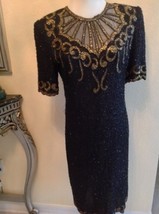 Women Black BEaDeD EMBROIDERED Dress STUNNING gold detailing Short Sleeve  - £54.98 GBP