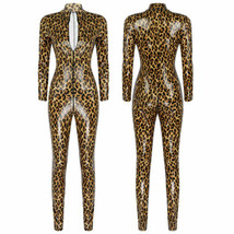 Women&#39;s Leopard Print Leather Zipper Catsuit Wetlook Clubwear Romper Jumpsuit - £15.84 GBP