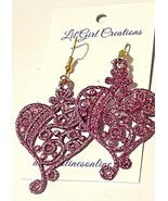 Earrings Heart Pink Filigree Lace BOHO Dangle Wire 3&quot; l Valentines Mothe... - £13.23 GBP