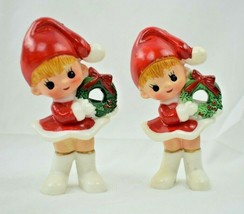 Vintage Christmas Elves with Wreaths - 4.5" Hard Plastic Figurines (Pair) - £24.39 GBP