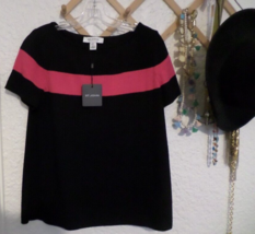 St. John Collection Short Sleeve Black &amp; Pink Wool Blend Sweater NWT Sz M - £237.47 GBP