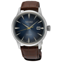 SEIKO Men&#39;s Blue Sunray Dial Brown Leather Band Presage Time Automatic Watch - £340.02 GBP
