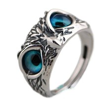 Silver Owl Ring Multicolor Cat Eyes Animal Charm Vintage Rings for Men Women Rin - £9.29 GBP