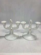 White Milke Glass pair double candle sticks holders criss cross 7 intall table - £27.66 GBP