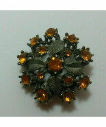 Vintage Silver-tone Amber Colored Rhinestone Filigree Floral Brooch - £18.68 GBP