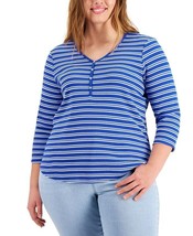 Style &amp; Co Blue White Stripe Henley Top Women Plus 0X Quarter 3/4 Sleeve... - £22.94 GBP