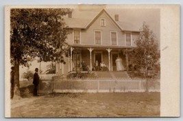 RPPC Large Home Edwardian Ladies On Porch Dapper Men Picket Fence Postcard C43 - $12.95