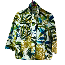Chicos Womens Jacket M 1 Zip Front Linen Tropical Leaf Print 3/4 Pocket Snap - £24.66 GBP