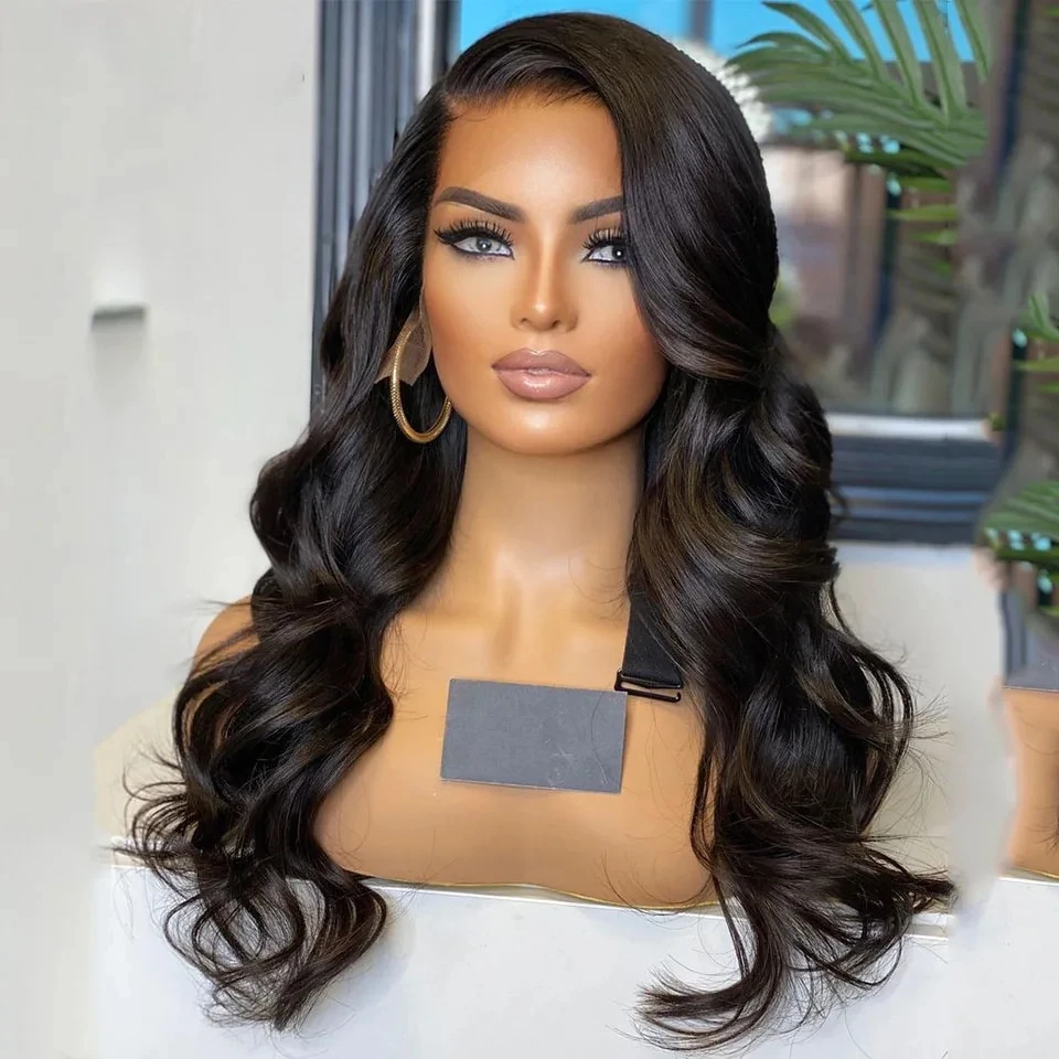 Natural Black Soft Preplucked 26Inch Long  Glueless Body Wave Lace Front W - £56.60 GBP+