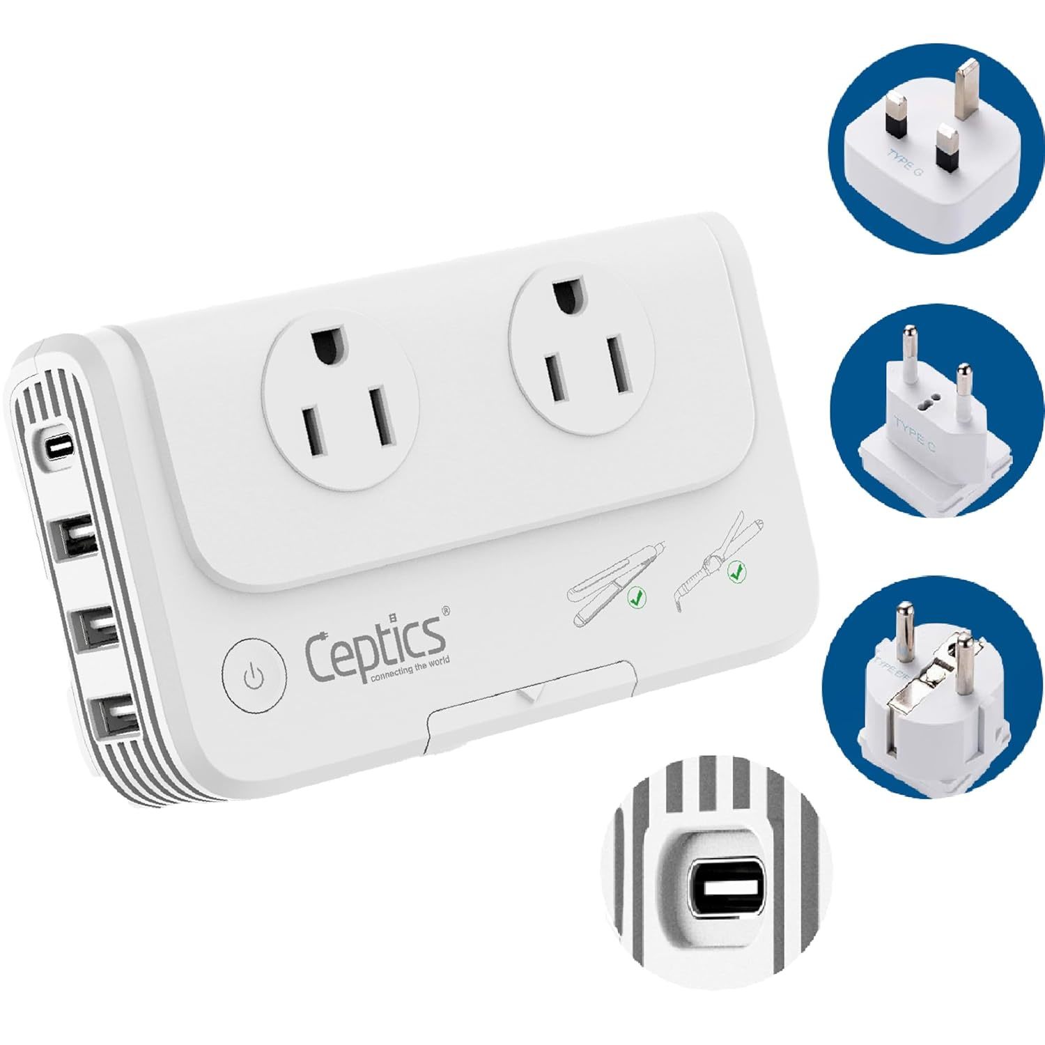 Ceptics European Travel Voltage Converter, 200W Adapter for Curling Iron, Straig