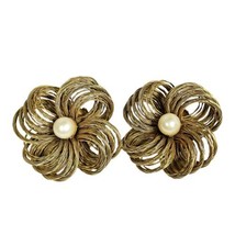 Crown Trifari Clip Earrings Signed Gold Tone Coils Faux Pearl Vtg Flowers 1.25” - £22.24 GBP