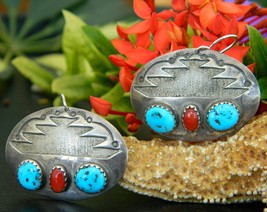 Southwestern Silver Earrings Oval Turquoise Red Coral Pierced Dangles - $19.95