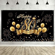 Happy 80th Birthday Decoration Banner Backdrop Party Decoration, Black Gold - $14.79