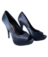 Steve Madden Feelixx Black Satin Rhinestones Peep Toe Platform Pumps Hee... - $41.52 CAD