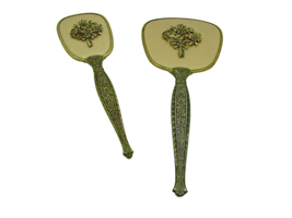 Vintage Matson Floral Hand Mirror &amp; Hairbrush Vanity Dresser Set Gold/Br... - £43.15 GBP