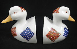 Ceramic White Duck Figurines Sand Filled Bookends Quilt Patchwork Fabric Squares - £9.35 GBP