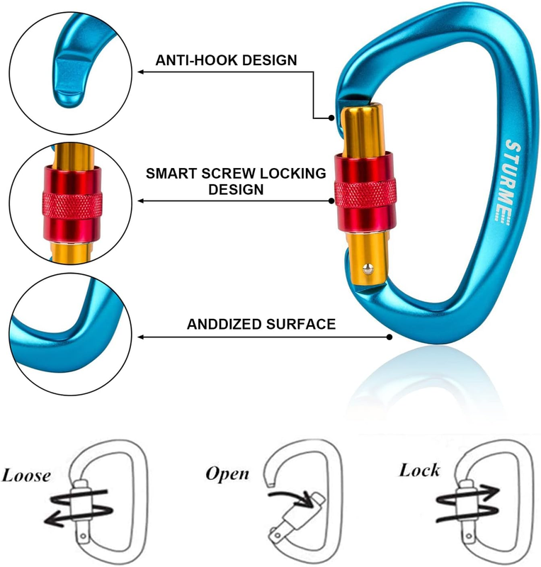 STURME UIAA Certified Climbing Carabiner Clips, 2 Pack 25Kn(5623Lbs) Screwgate L Item image 3