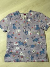 Disney Women’s Small Scrub Top Eeyore Purple Flowers Short Sleeve Pockets - £8.26 GBP
