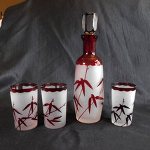 Red and Clear Frosted Decanter with Three Glasses # 22987 - $36.58