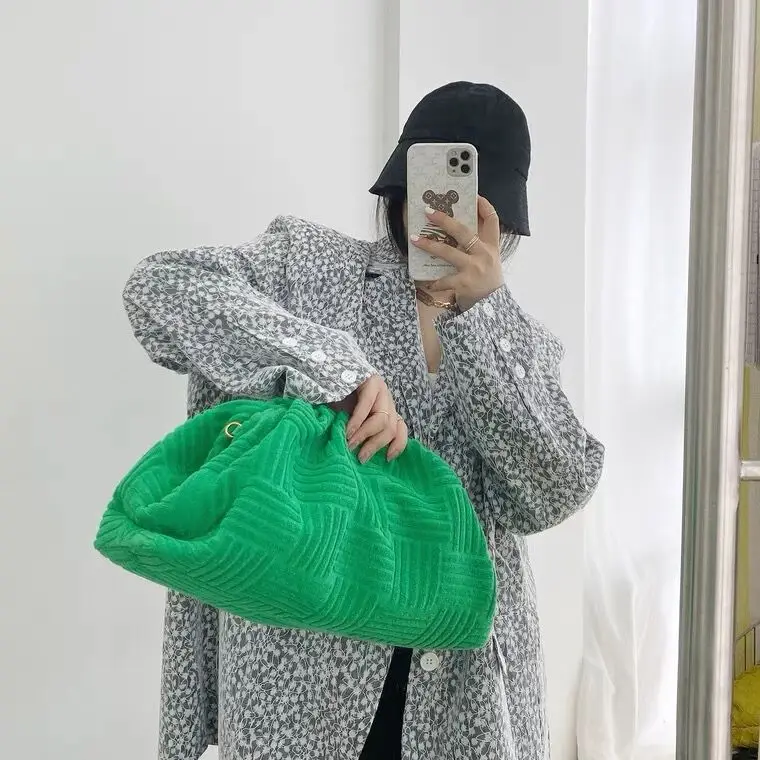 Green Towel Fabric Pouch Women Handbags Designer Dumpling Bags for Women  Bag Cl - $186.78