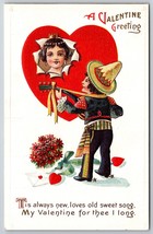 Guitar Serenade Big Heart Valentine Greeting Song Embossed UNP DB Postca... - $10.84