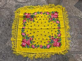 Yellow boho floral scarf, vintage Eastern European folk shawl, retro hea... - $20.00