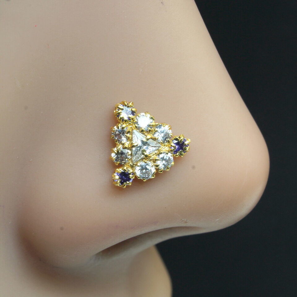 Indian Nose ring Blue White CZ corkscrew piercing nose ring 22g