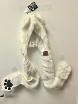 Faux Fur Polar Bear Fuzzy Winter Hat with Paw Mitts and Zippered Pocket White - £11.84 GBP