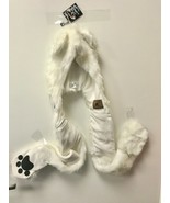Faux Fur Polar Bear Fuzzy Winter Hat with Paw Mitts and Zippered Pocket ... - £11.66 GBP