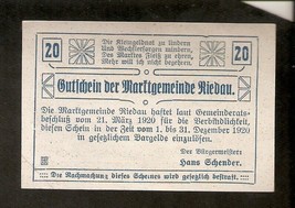 Austria Gutschein d. Marktgemeinde RIEDAU 20 heller 1920 Austrian Notgeld - £3.87 GBP